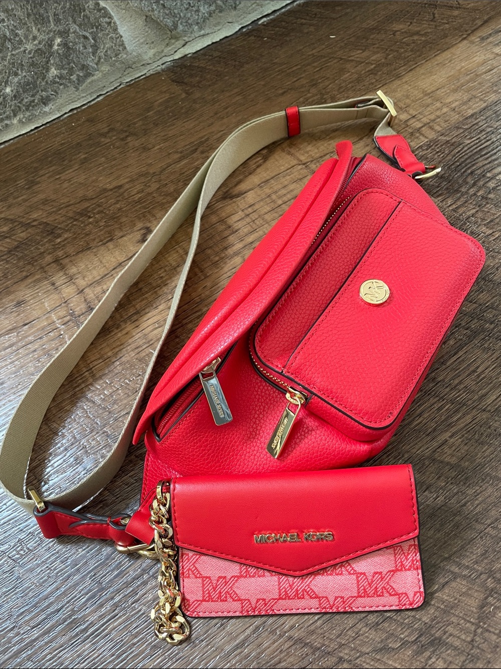Michael Kors Red Pebbled Leather Crossbody with Tan Strap and Matching Card Case